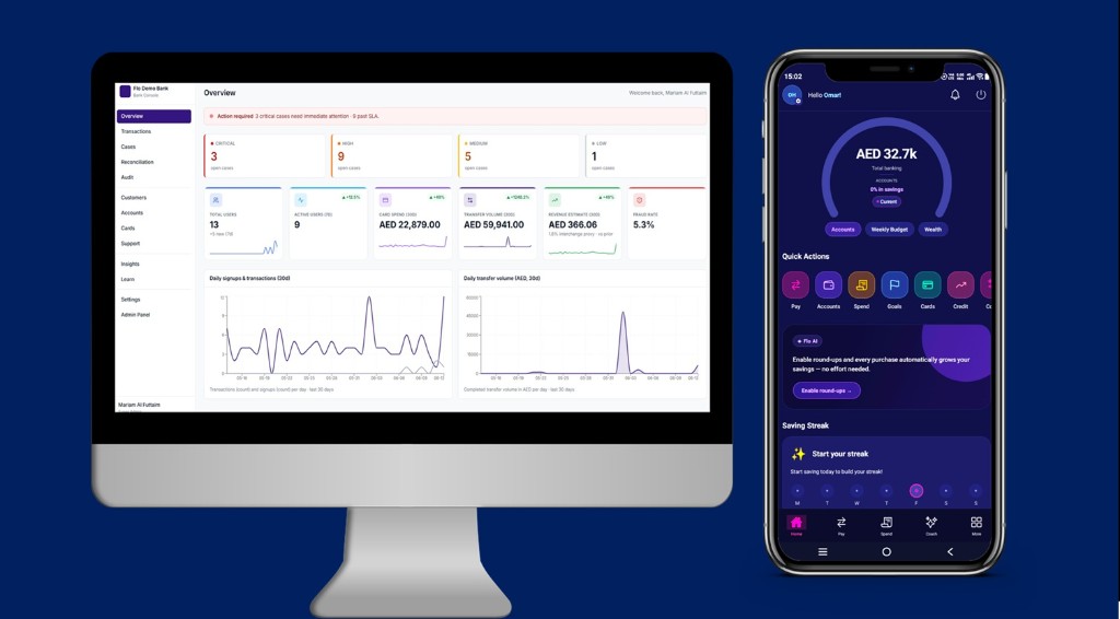Flo neobank web console and mobile banking app